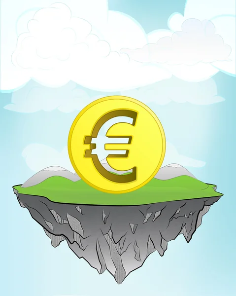 Euro coin on flying island — Stock Vector