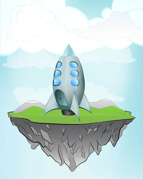 Space rocket on flying island — Stock Vector