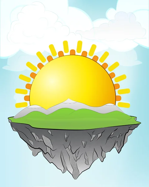 Yellow sun on flying island — Stock Vector