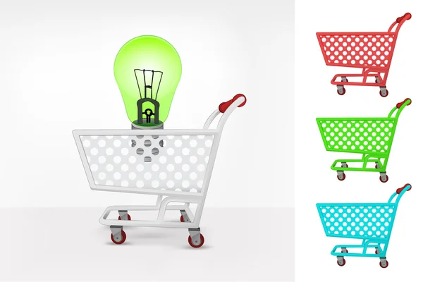 Green lightbulb in shopping cart — Stock Vector