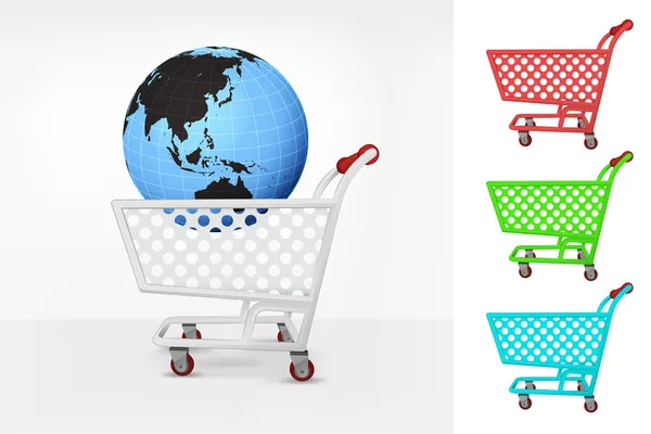 Asia world globe in shopping cart — Stock Vector