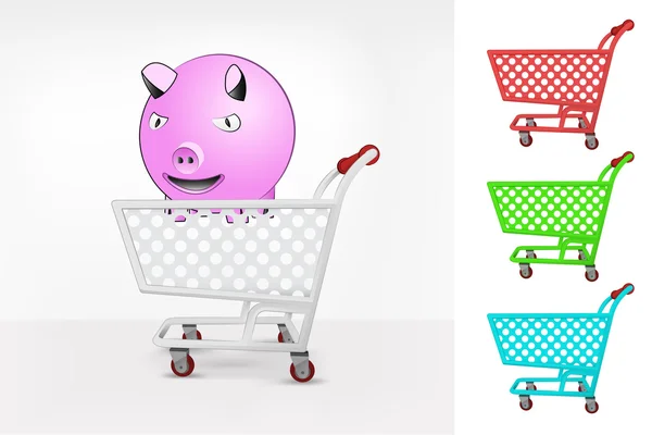 Happy pig in shopping cart — Stock Vector