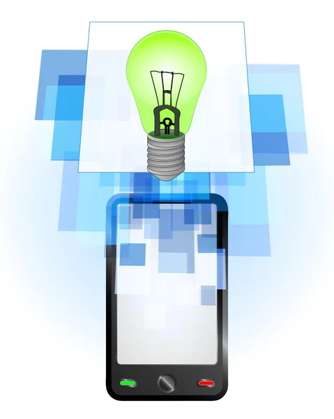 Green lightbulb in mobile phone — Stock Vector