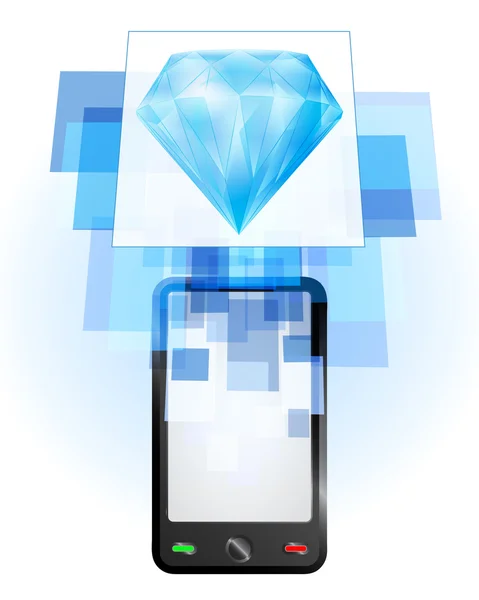 Blue diamond in mobile phone — Stock Vector