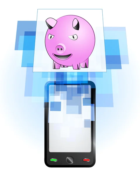 Feliz cerdo en el teléfono móvil — Vector de stock