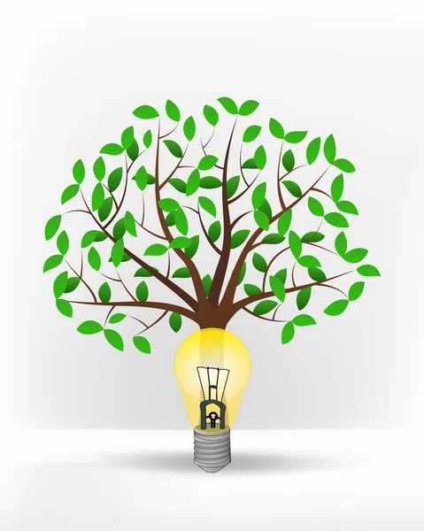Yellow lightbulb in front of green tree — Stock Vector