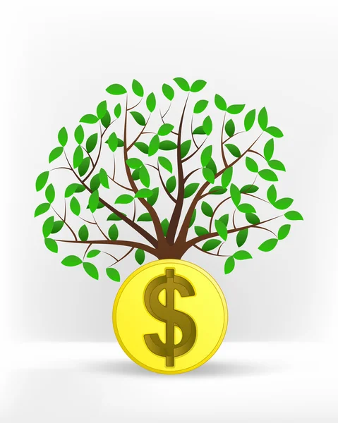 Dollar coin in front of green tree — Stock Vector