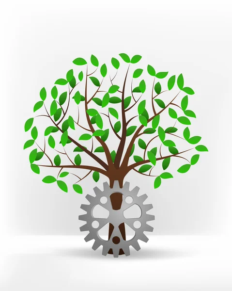 Roue dentée industrielle devant un arbre vert — Image vectorielle