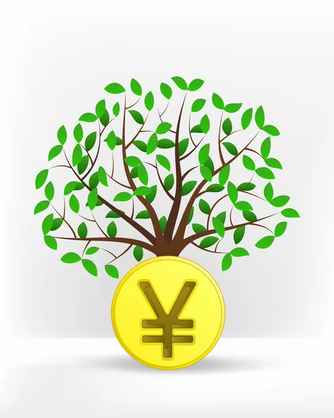 Yuan coin in front of green tree — Stock Vector