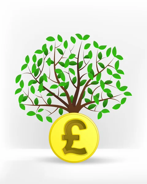 Pound coin in front of green tree — Stock Vector