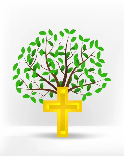 Goldenes Kreuz vor grünem Baum — Stockvektor