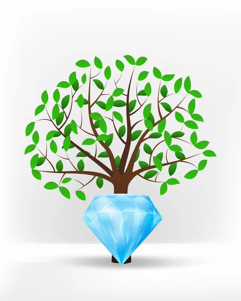 Diamond jewel in front of green tree — Stock Vector