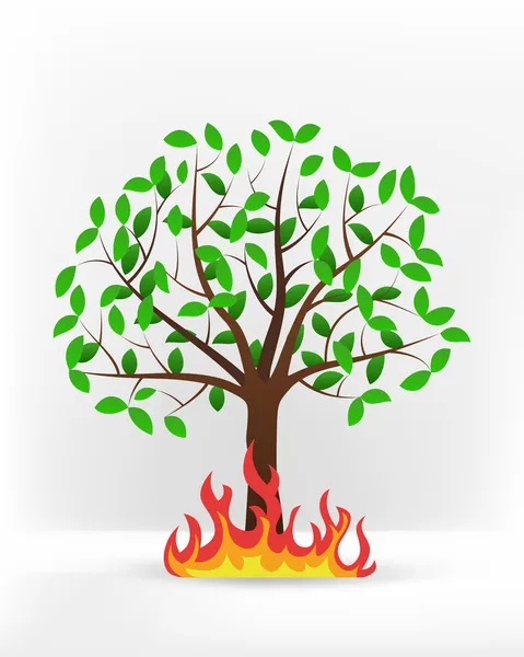 Fire flames in front of green tree — Stock Vector