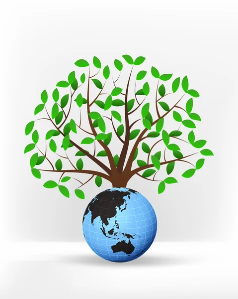 Ασία παγκόσμια σφαίρα μπροστά από πράσινο δέντρο — Διανυσματικό Αρχείο