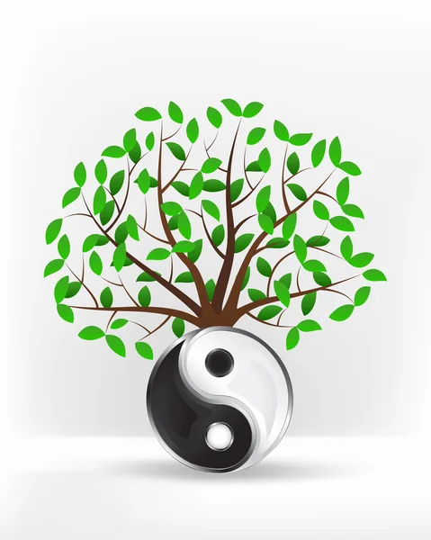 Evenwicht teken in de voorkant van groene boom — Stockvector