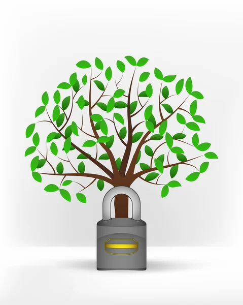 Closed padlock in front of green tree — Stock Vector