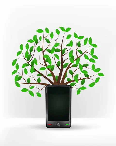 Novo telefone inteligente na frente da árvore verde — Vetor de Stock