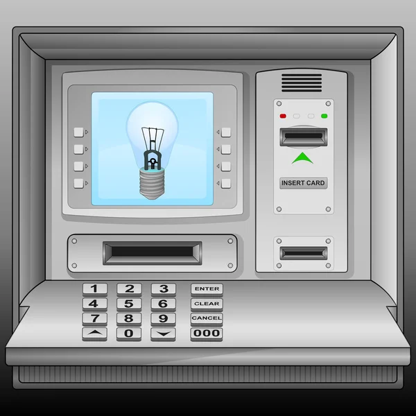 Blue lightbulb on cash machine blue screen vector — Stock Vector