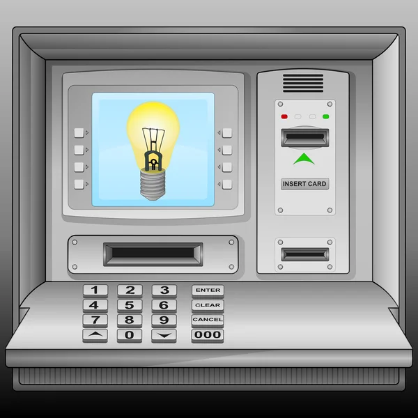 Yellow lightbulb on cash machine blue screen vector — Stock Vector