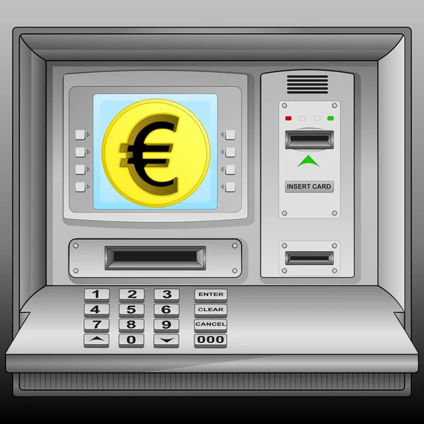 Golden Euro coin on cash machine blue screen vector — Stock Vector