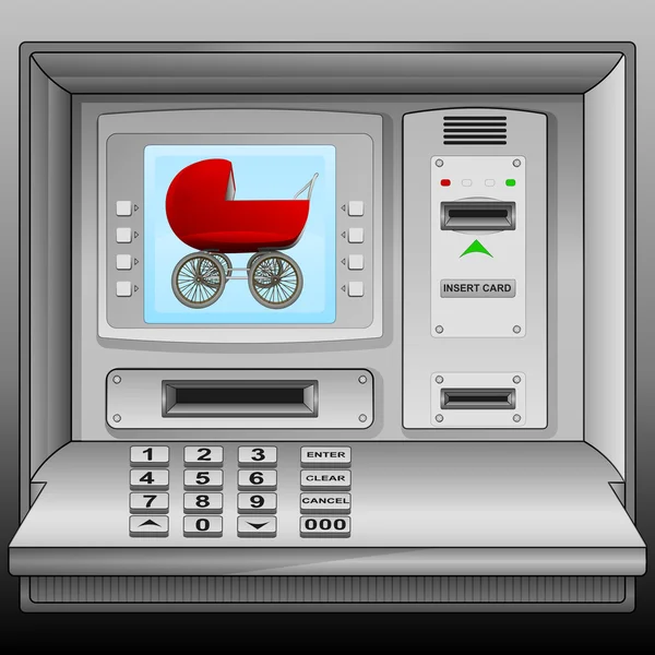 Niña silla de paseo roja en cajero automático vector de pantalla azul — Archivo Imágenes Vectoriales