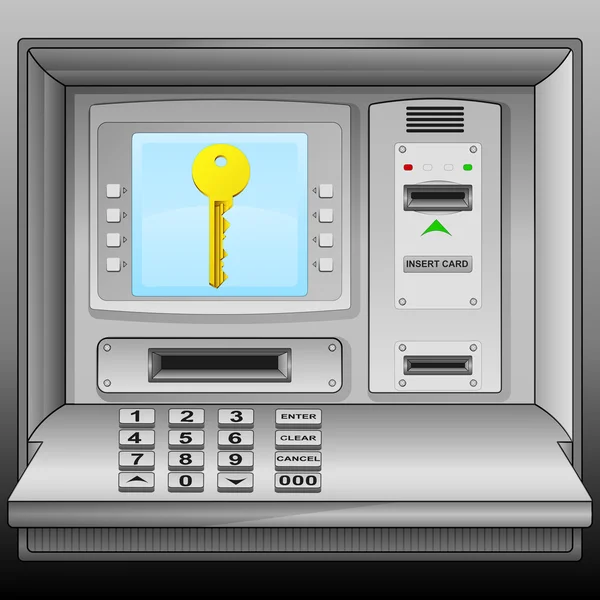 Golden key on cash machine blue screen vector — стоковый вектор