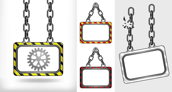 Industrial cogwheel on chain hanged board collection vector — Stock Vector