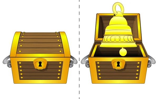 Golden bell in open wooden chest and closed one isolated vector — Stock Vector