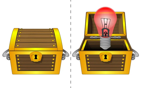 Rode gloeilamp in open houten borst en gesloten een geïsoleerde vector — Stockvector