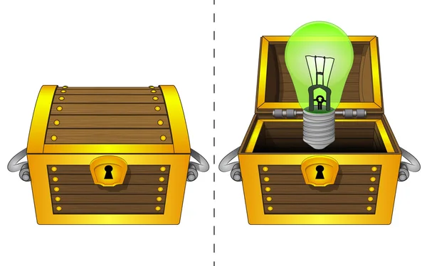 Bombilla verde en el pecho abierto de madera y cerrado un vector aislado — Vector de stock