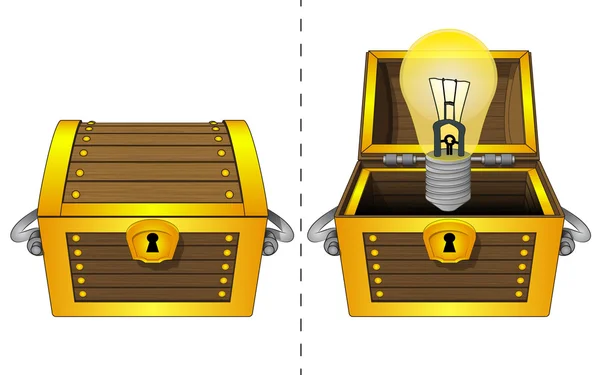Yellow lightbulb in open wooden chest and closed one isolated vector — Stock Vector