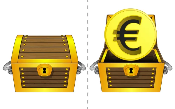 Pièce d'or Euro dans un coffre en bois ouvert et fermé un vecteur isolé — Image vectorielle