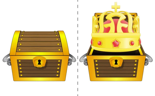 Royal crown in open wooden chest and closed one isolated vector — Stock Vector