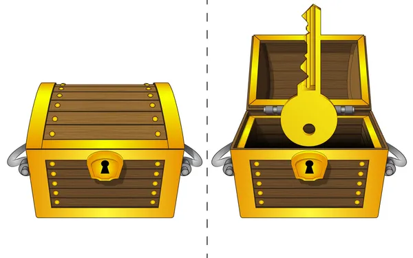 Golden key in open wooden chest and closed one isolated vector — Stock Vector