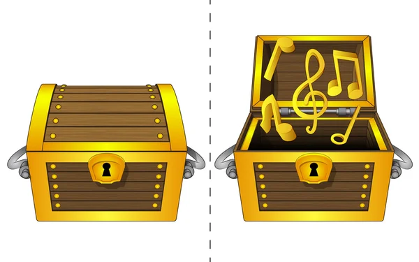 Music icon in open wooden chest and closed one isolated vector — Stock Vector