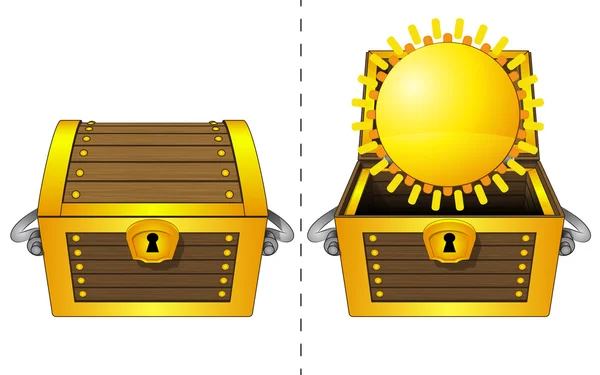 Golden sun in open wooden chest and closed one isolated vector — Stock Vector