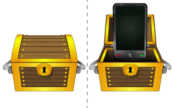 Nuevo teléfono inteligente en el pecho abierto de madera y cerrado un vector aislado — Archivo Imágenes Vectoriales
