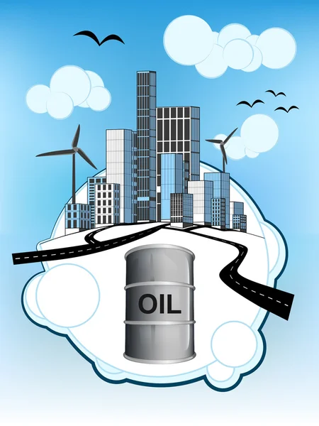Oil barrel on white bubble with ecological cityscape vector — Stock Vector