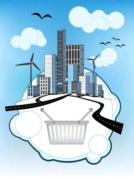 Panier sur bulle blanche avec vecteur paysage urbain écologique — Image vectorielle