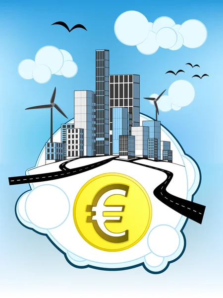 Arany euro-pénzérmét a fehér buborék ökológiai városkép vektor — Stock Vector