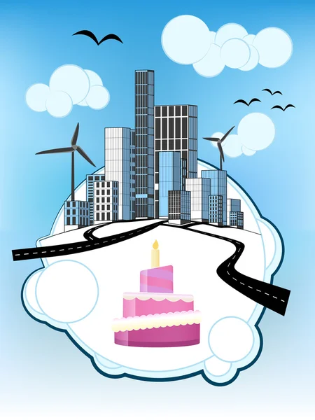Candle cake on white bubble with ecological cityscape vector — Stock Vector