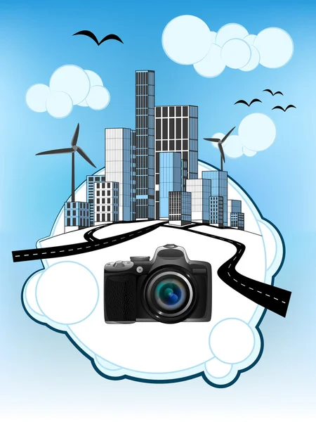 Camera op witte bellendiagram met ecologische stadsgezicht vector — Stockvector