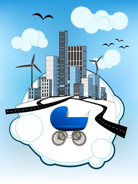 Jongen blauw kinderwagen op witte bellendiagram met ecologische stadsgezicht vector — Stockvector
