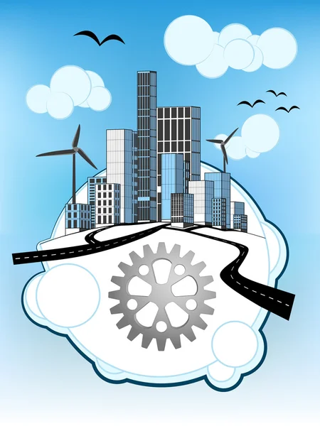 Industriële tandrad op witte bellendiagram met ecologische stadsgezicht vector — Stockvector