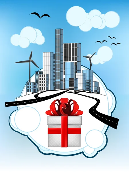 Gift box on white bubble with ecological cityscape vector — Stock Vector
