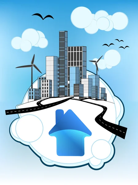 Icône de maison bleue sur bulle blanche avec vecteur de paysage urbain écologique — Image vectorielle