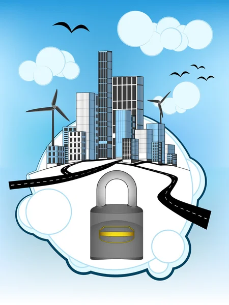 Closed padlock on white bubble with ecological cityscape vector — Stock Vector