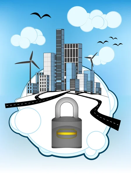 Gesloten hangslot op witte bellendiagram met ecologische stadsgezicht vector — Stockvector