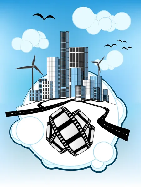 Film tape op witte bellendiagram met ecologische stadsgezicht vector — Stockvector