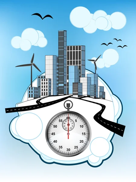 Stopwatch op witte bellendiagram met ecologische stadsgezicht vector — Stockvector